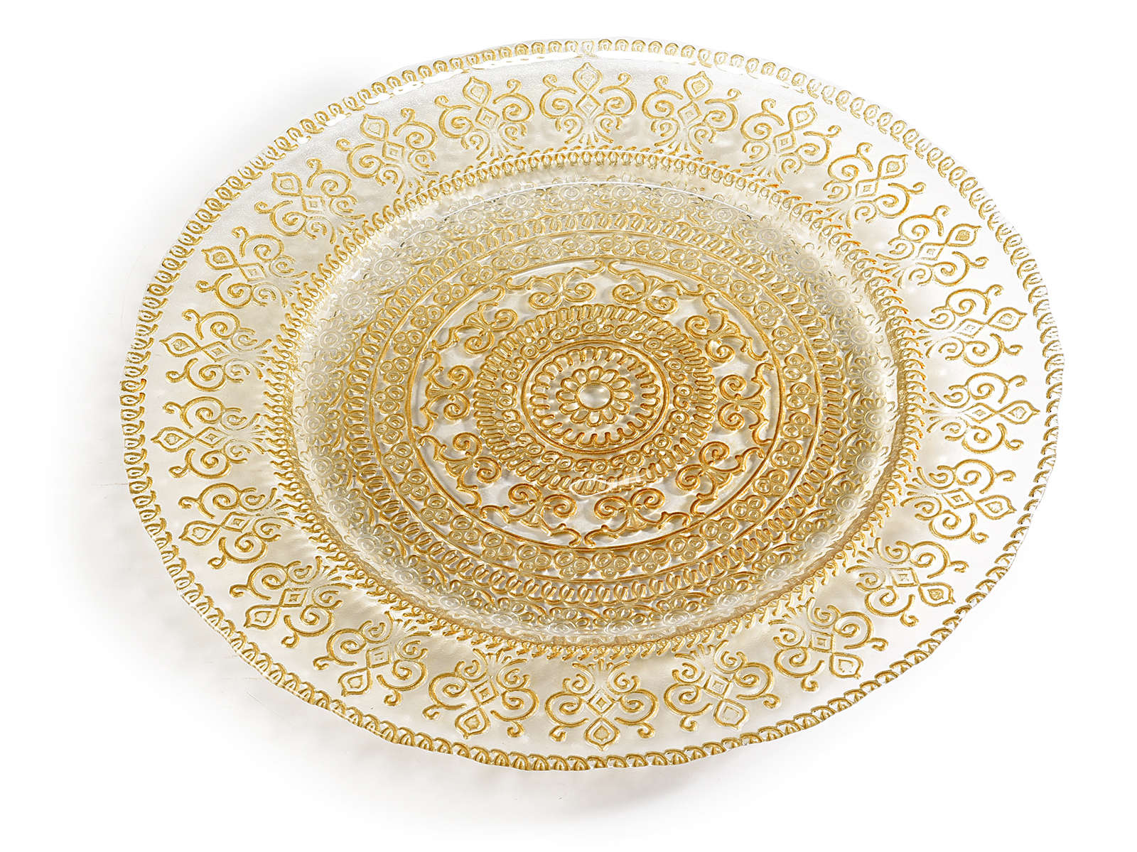 Farfurie rotundă din sticlă cu efect de broderie aurie