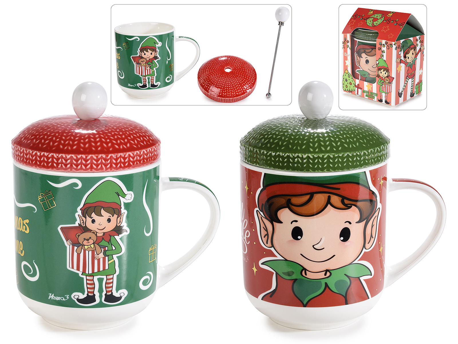 Cana capucino craciun din portelan cu capac si bat 400ml -1 buc