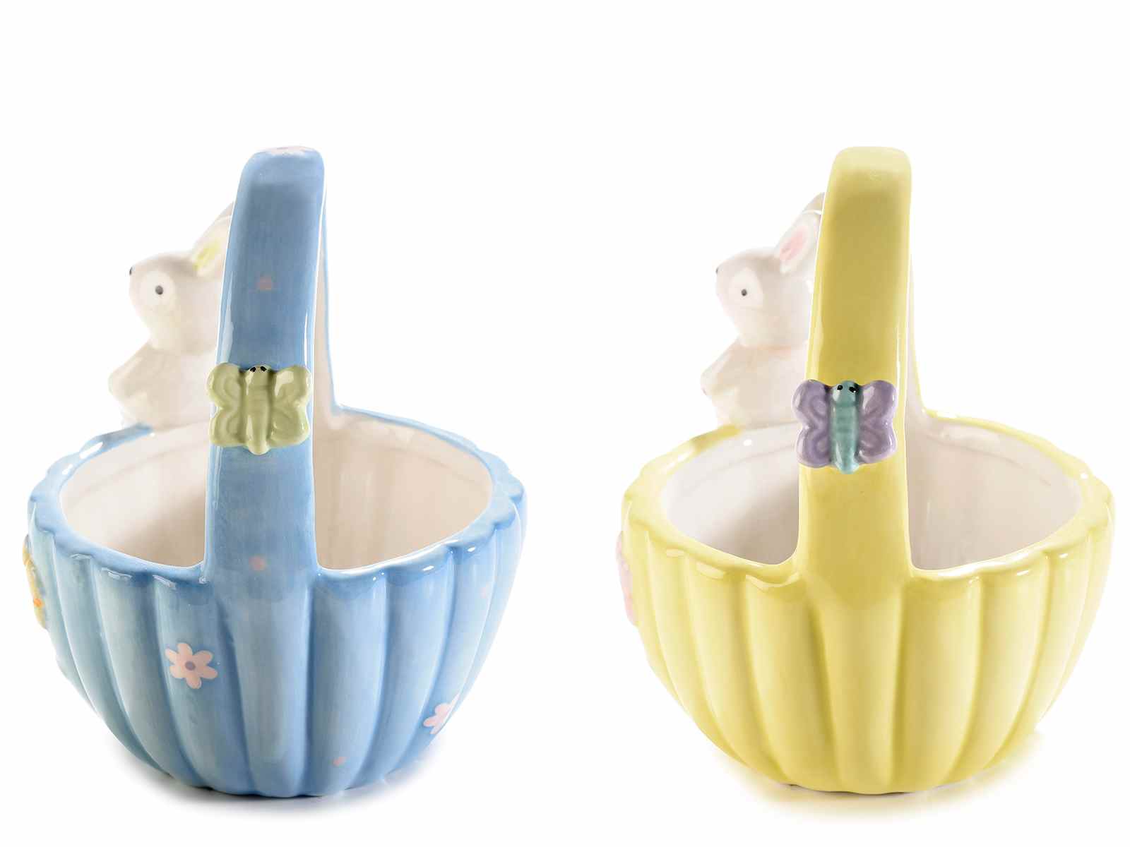 Coș ceramic cu iepuraș și decorațiuni florale în relief 1buc