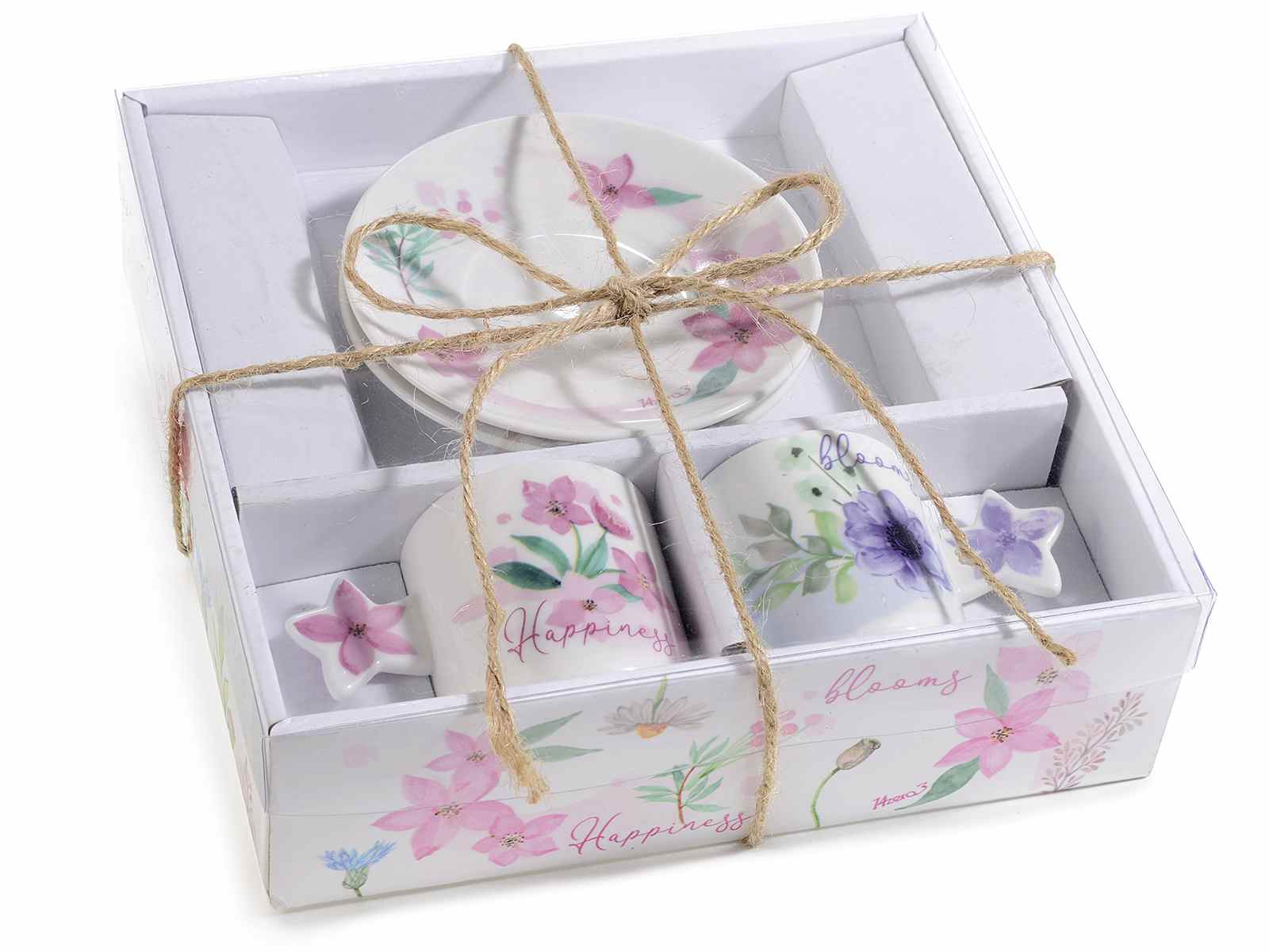 Set 2 cesti si farfurioare din portelan cu decoratiuni florale 80ml-1set