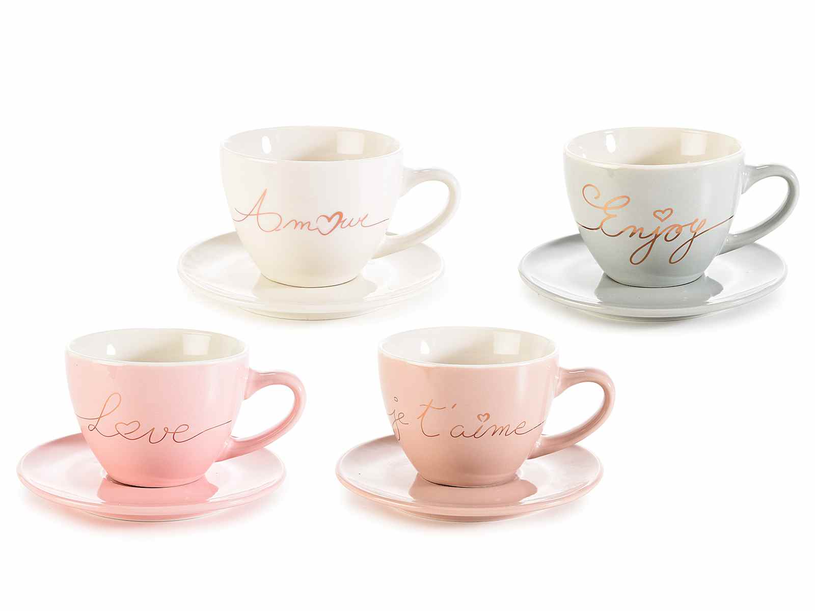 Set 4 cesti de portelan cu farfurioare si  decoratiuni aurii 130ml