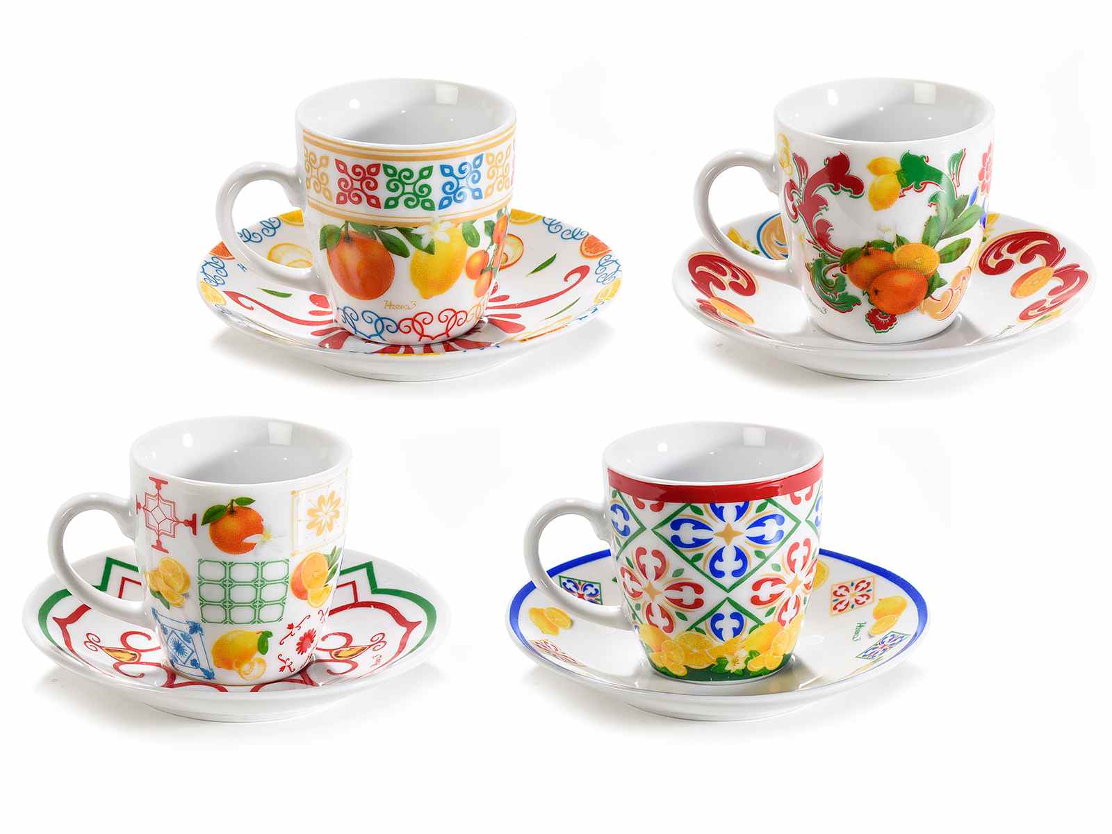 Set 4 cesti de portelan cu farfurie decor citrice 80ml