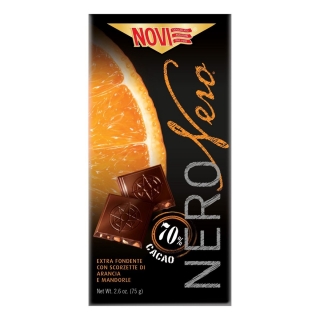 Ciocolata neagra Novi cu portocale si migdale 75 g